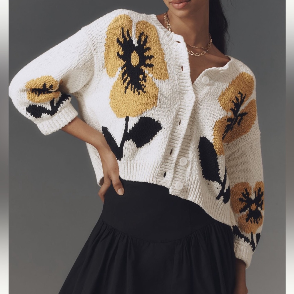 Maeve Floral Knit Cardigan Sweater - White and Yellow